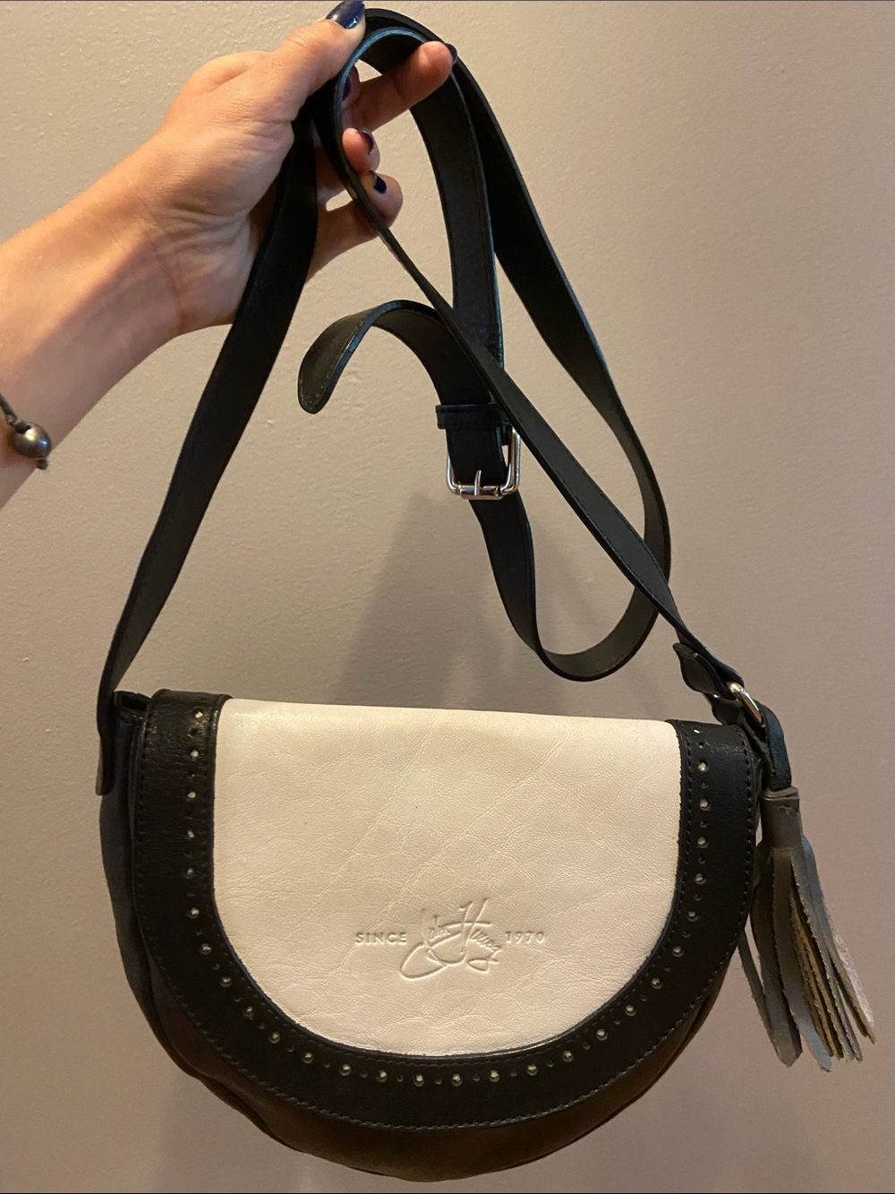 John Fluevog Since 1970 Two-Tone Black & White Leather ELLA Crossbody Bag Purse